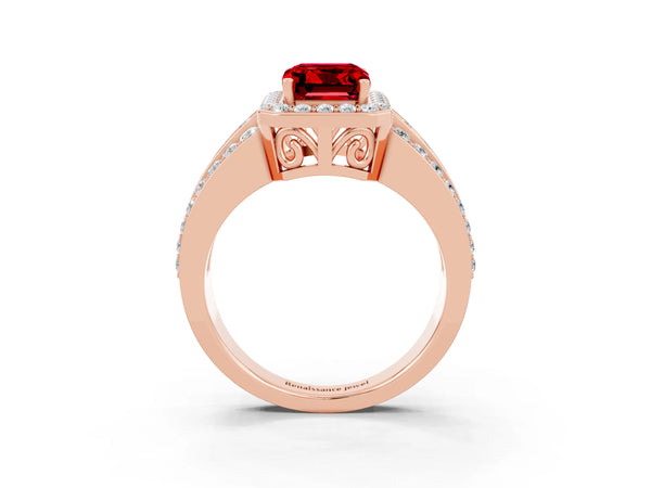 Rose gold Emerald Cut Halo Ruby Ring with Round  Split Shank and Prong Setting