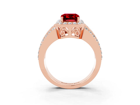 Rose gold Emerald Cut Halo Ruby Ring with Split Shank and Four-Prong Setting_3