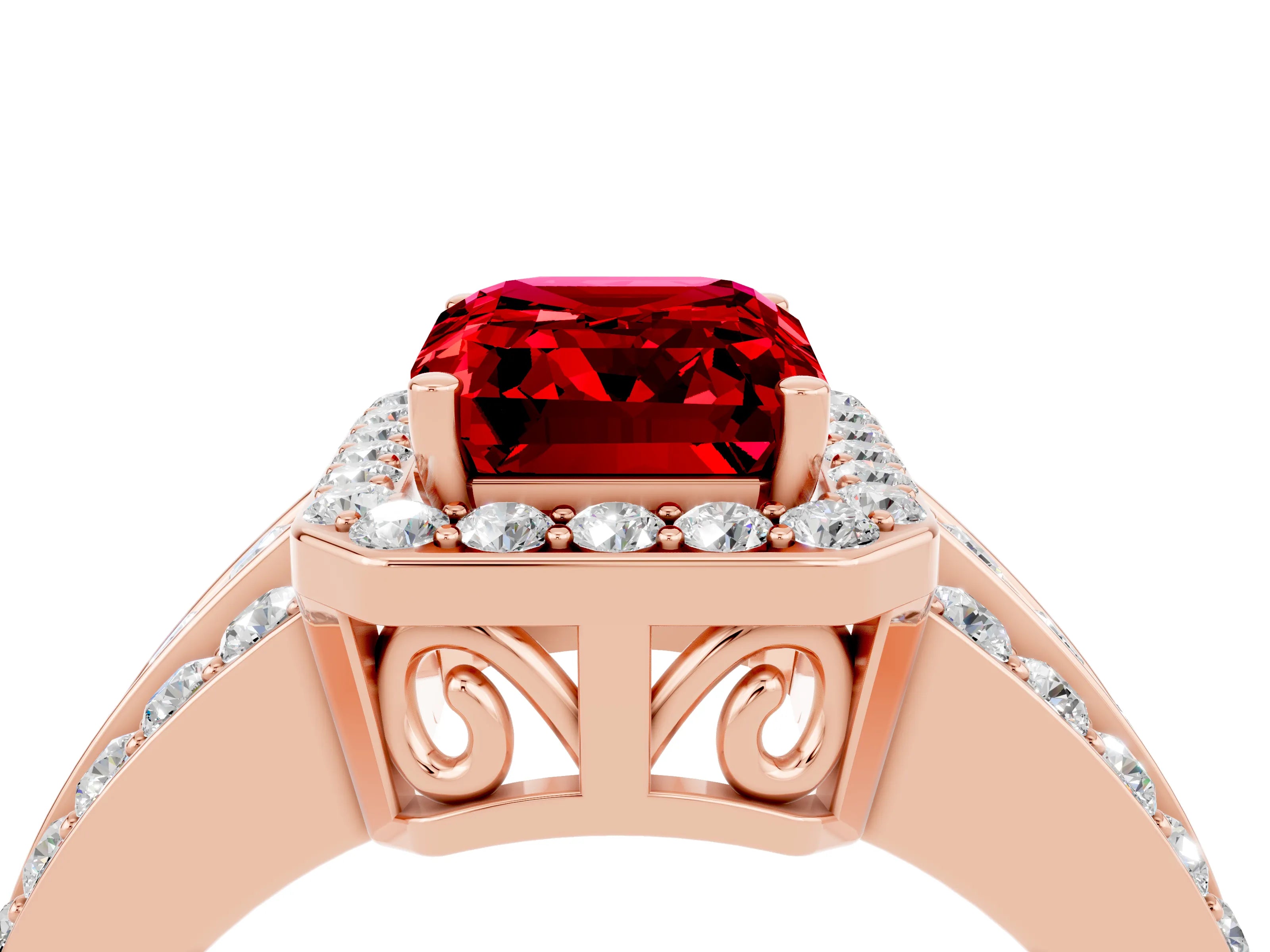 Rose gold Emerald Cut Halo Ruby Ring with Split Shank and Four-Prong Setting_4