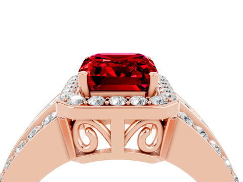 Rose gold Emerald Cut Halo Ruby Ring with Split Shank and Four-Prong Setting_4