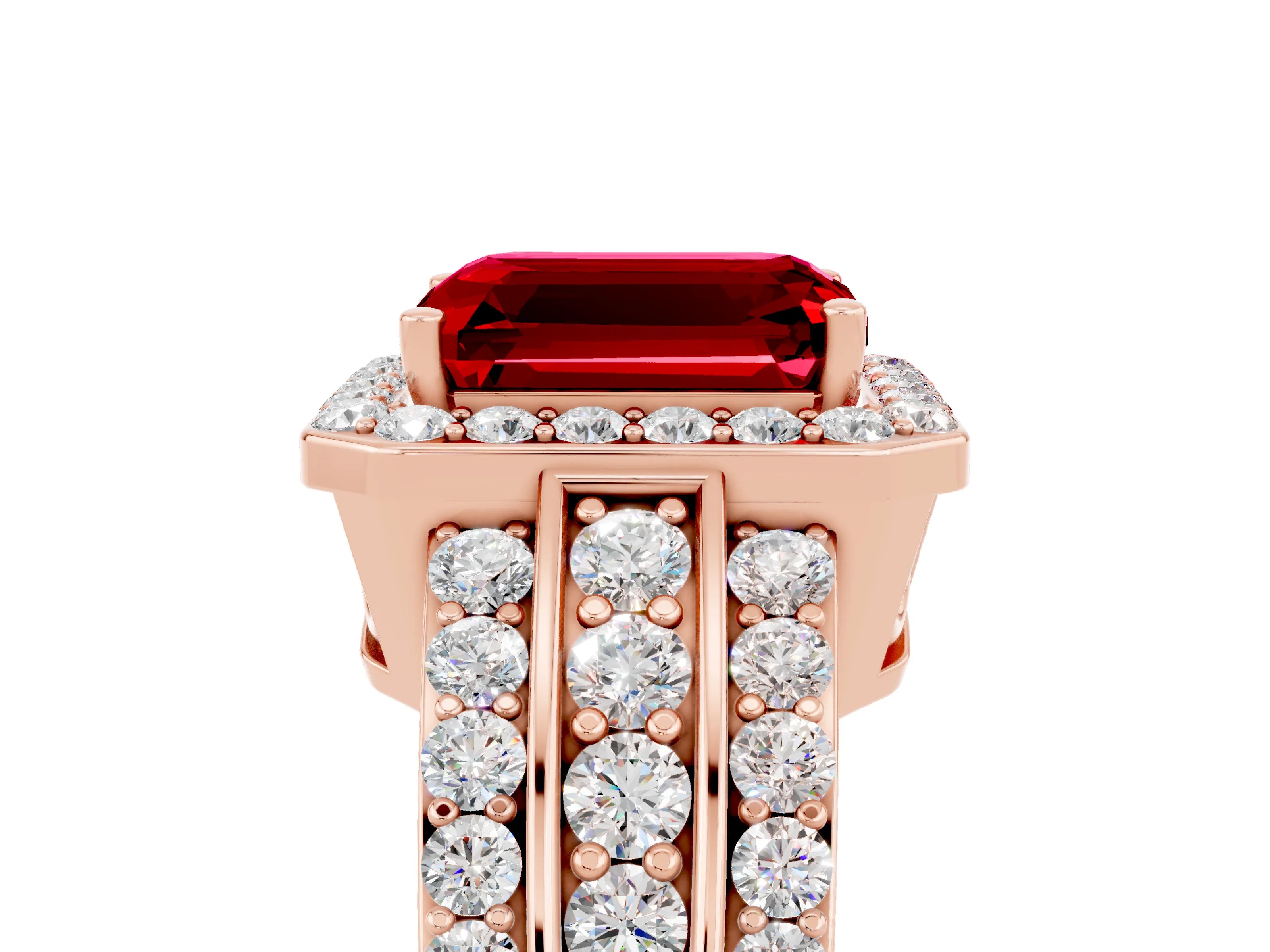 Rose gold Emerald Cut Halo Ruby Ring with Split Shank and Four-Prong Setting_5