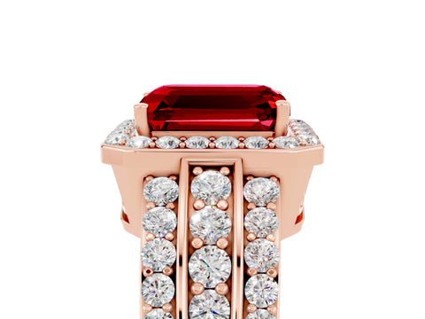 Rose gold Emerald Cut Halo Ruby Ring with Split Shank and Four-Prong Setting_5