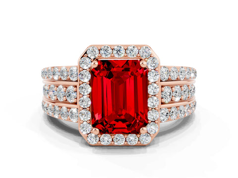 Rose gold Emerald Cut Halo Ruby Ring with Split Shank and Four-Prong Setting