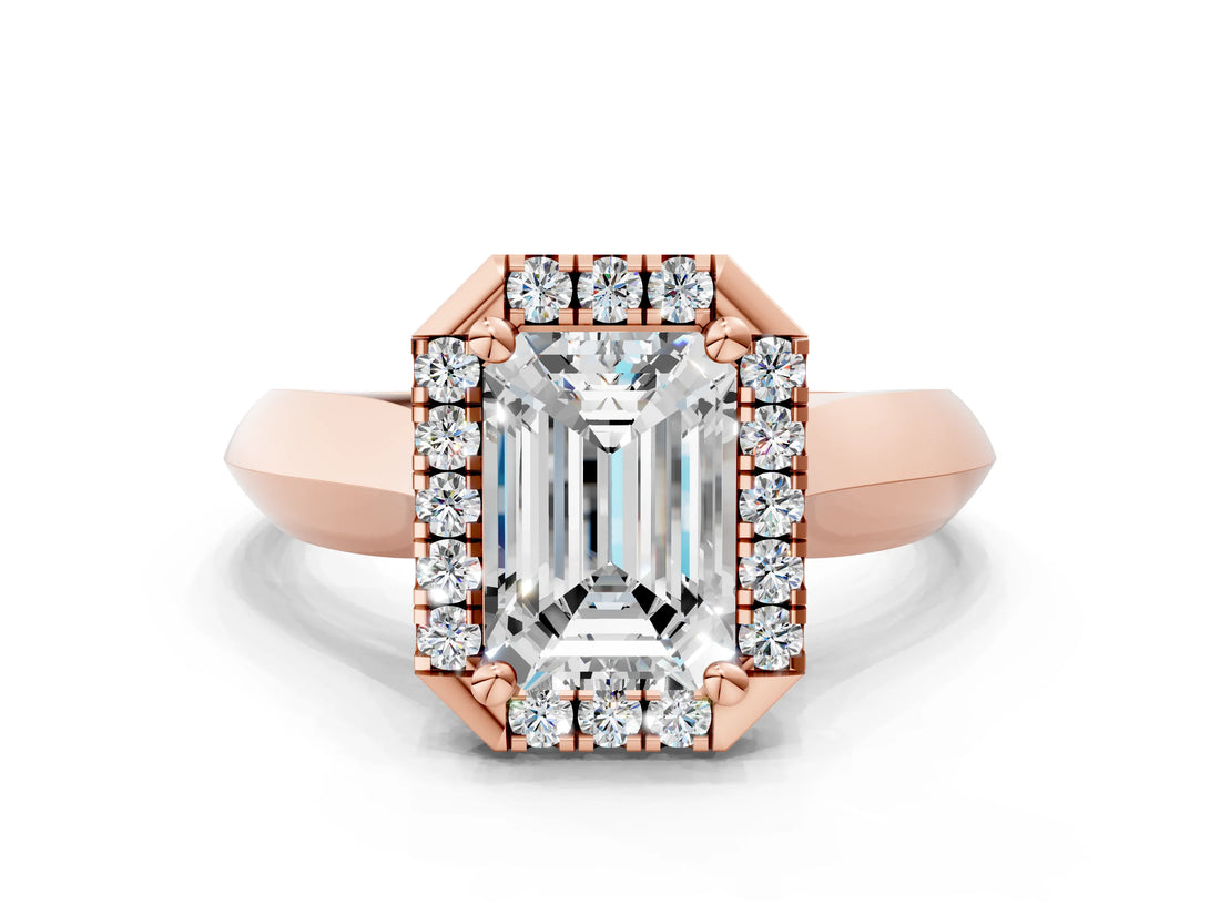Rose gold Emerald Cut Halo Solitaire Engagement Ring with Square Band and Four-Prong Setting_102