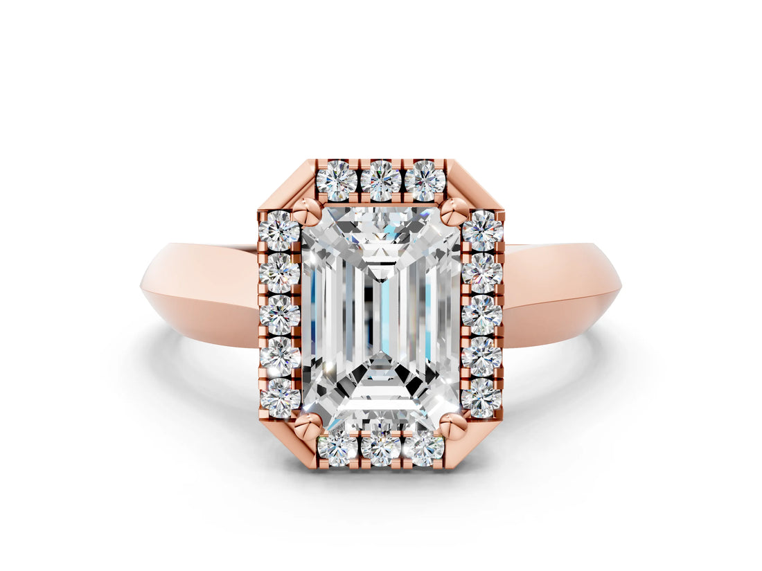 Rose gold Emerald Cut Halo Solitaire Engagement Ring with Square Band and Four-Prong Setting_66