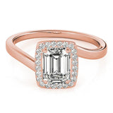 Rose gold Emerald Cut Halo Solitaire Ring with Channel Band and Four-Prong Setting 1