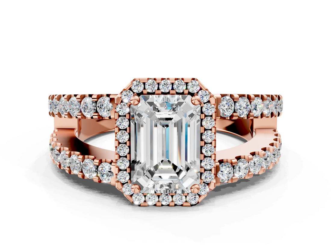 Rose gold Emerald Cut Halo Split Shank Diamond Ring with Four-Prong Setting_84