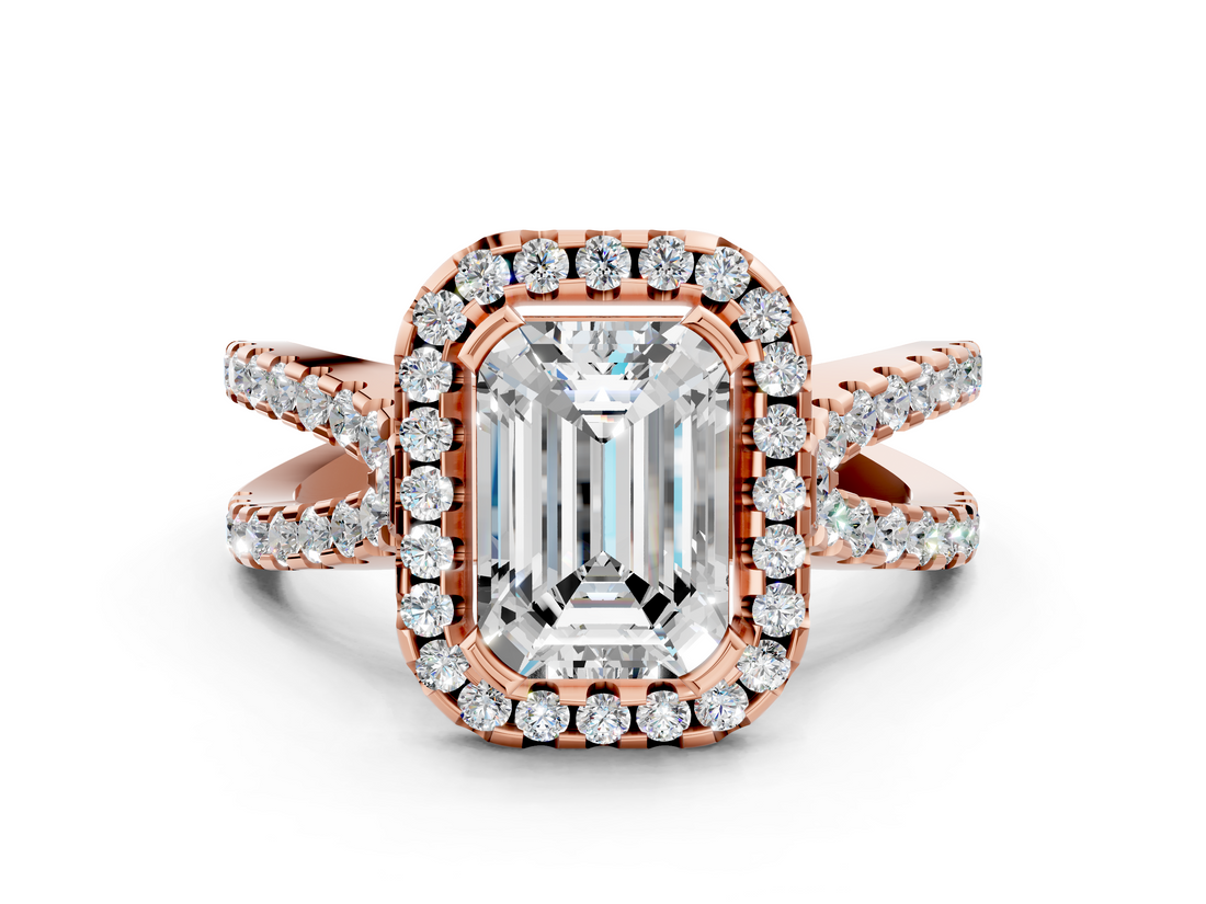 Rose gold Emerald Cut Halo Split Shank Pave Set Ring_66
