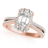 Rose gold Emerald Cut Halo Split Shank Ring with Prong Setting