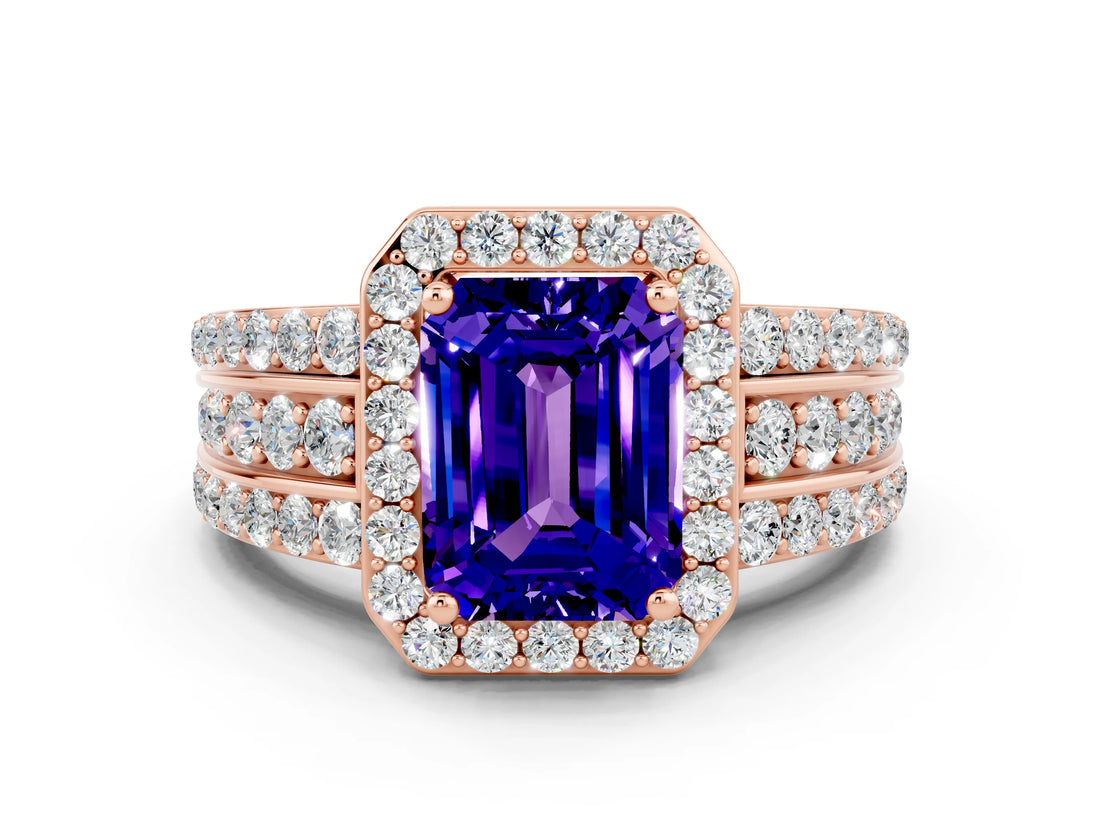 Rose gold Emerald Cut Halo Tanzanite Ring with Split Shank and Four-Prong Setting