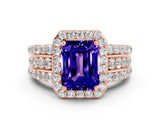 Rose gold Emerald Cut Halo Tanzanite Ring with Split Shank and Four-Prong Setting