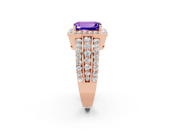 Rose gold Emerald Cut Halo Tanzanite Ring with Round  Split Shank and Prong Setting