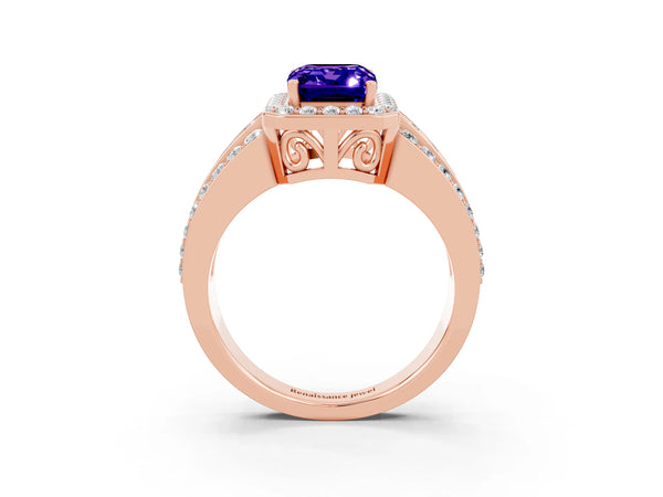 Rose gold Emerald Cut Halo Tanzanite Ring with Round  Split Shank and Prong Setting