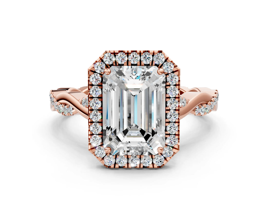 Rose gold Emerald Cut Halo Twist Band with Four-Prong Setting_3