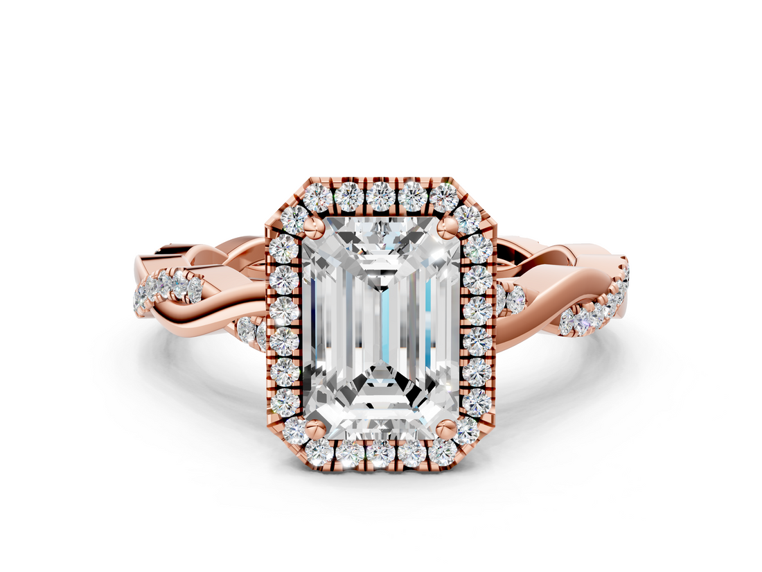 Rose gold Emerald Cut Halo Twisted Band Four-Prong Ring_33