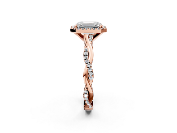 Rose gold Emerald Cut Halo Twisted Band Four-Prong Ring