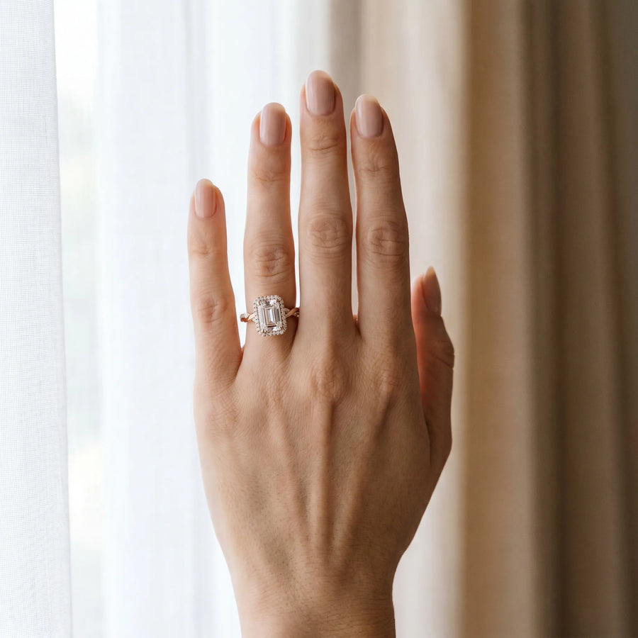 Rose gold Emerald Cut Halo Twisted Band Four-Prong Ring