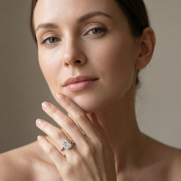 Rose gold Emerald Cut Halo Twisted Band Four-Prong Ring