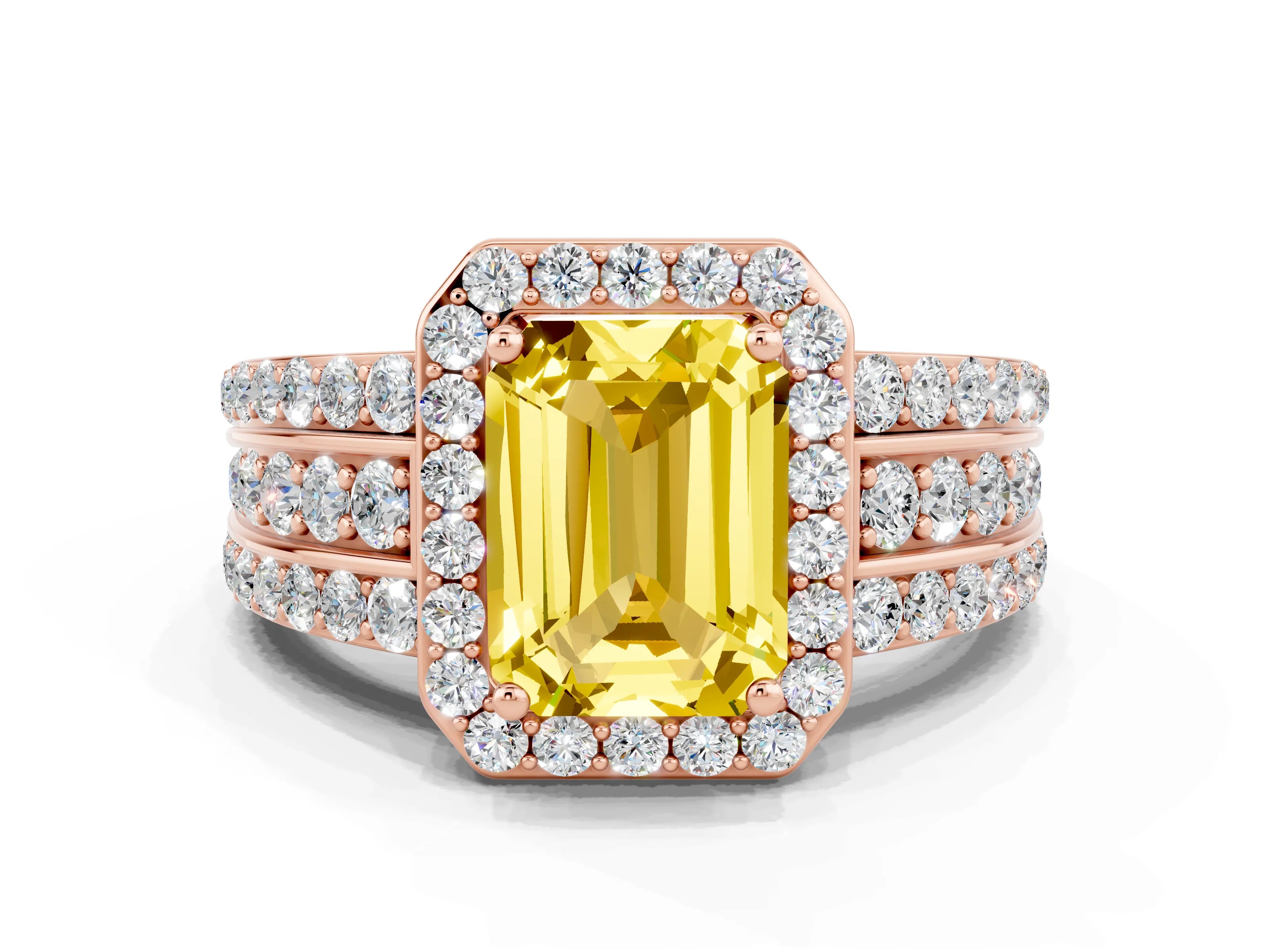 Rose gold Emerald Cut Halo Yellow Sapphire Ring with Split Shank and Four-Prong Setting_24