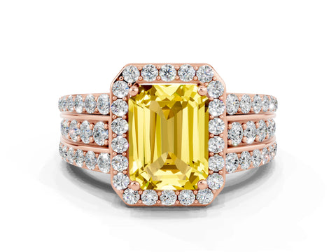 Rose gold Emerald Cut Halo Yellow Sapphire Ring with Split Shank and Four-Prong Setting_24