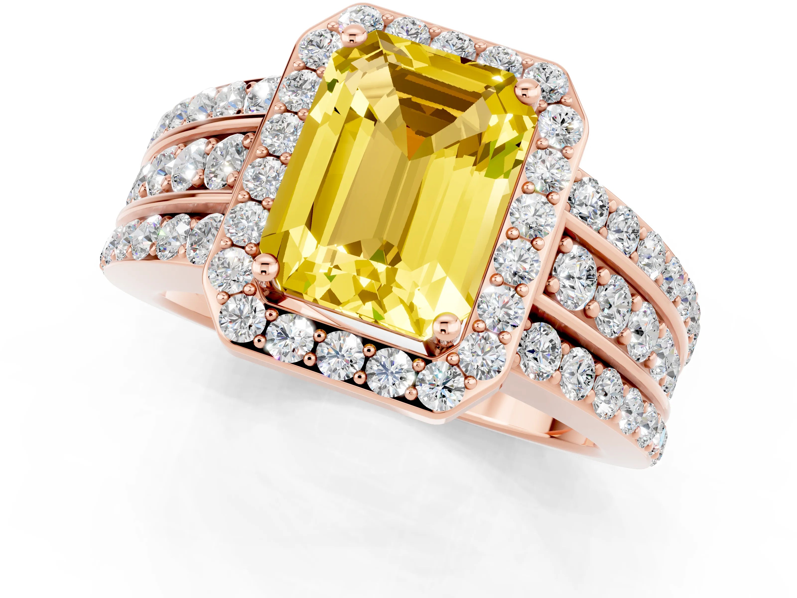 Rose gold Emerald Cut Halo Yellow Sapphire Ring with Split Shank and Four-Prong Setting_25