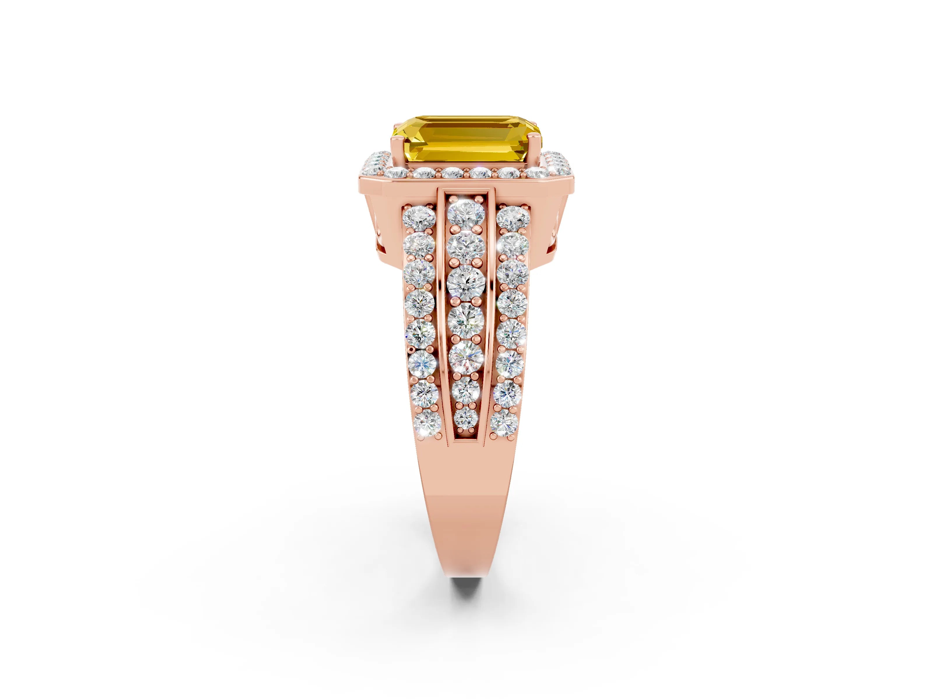 Rose gold Emerald Cut Halo Yellow Sapphire Ring with Split Shank and Four-Prong Setting_26