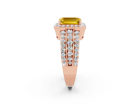 Rose gold Emerald Cut Halo Yellow Sapphire Ring with Split Shank and Four-Prong Setting_26