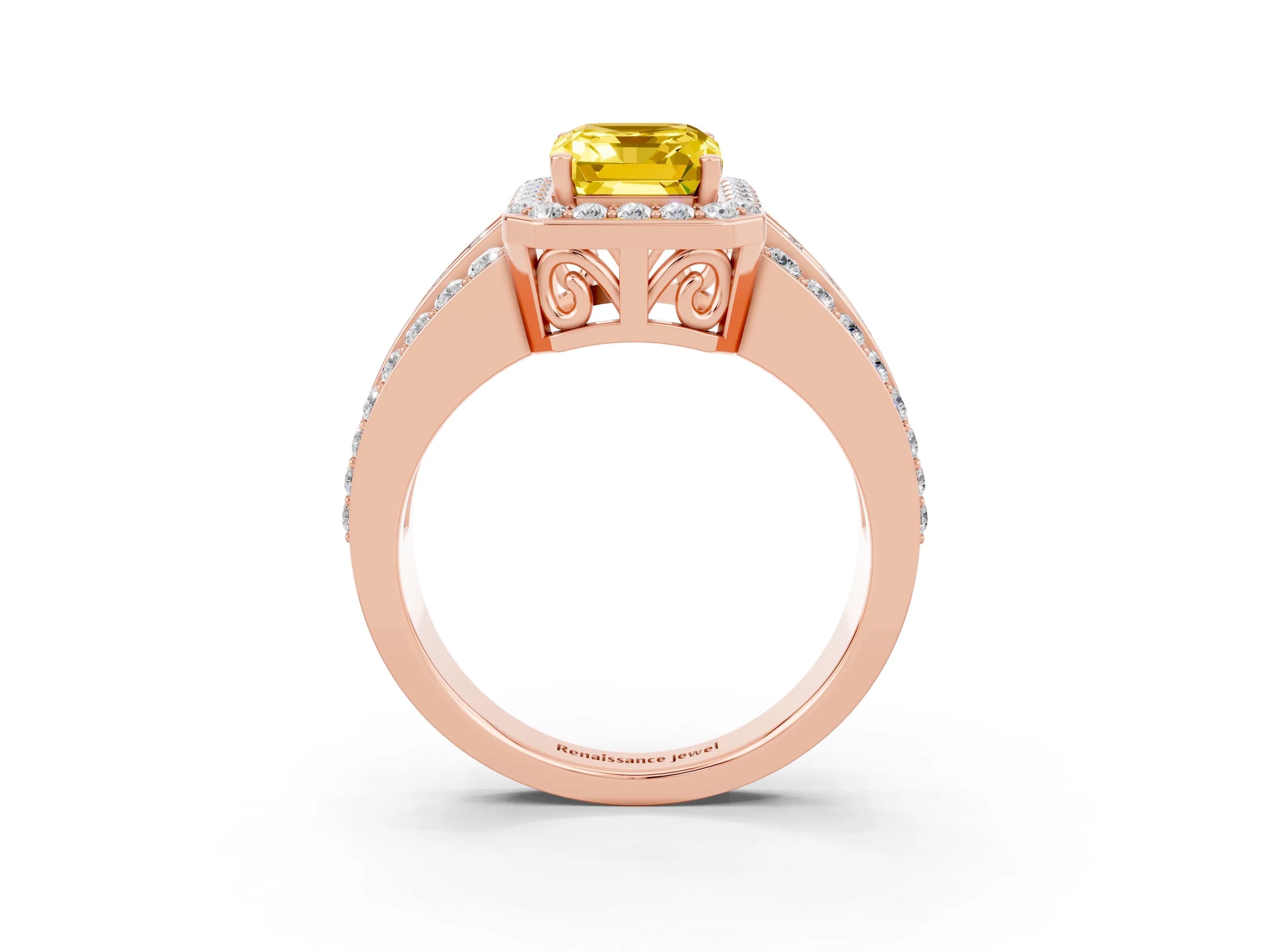 Rose gold Emerald Cut Halo Yellow Sapphire Ring with Split Shank and Four-Prong Setting_27