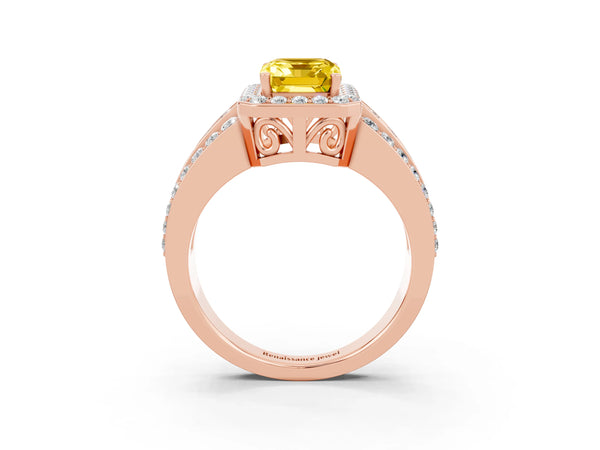 Rose gold Emerald Cut Halo Yellow Sapphire Ring with Round  Split Shank and Prong Setting