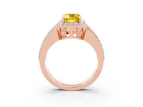 Rose gold Emerald Cut Halo Yellow Sapphire Ring with Split Shank and Four-Prong Setting_27