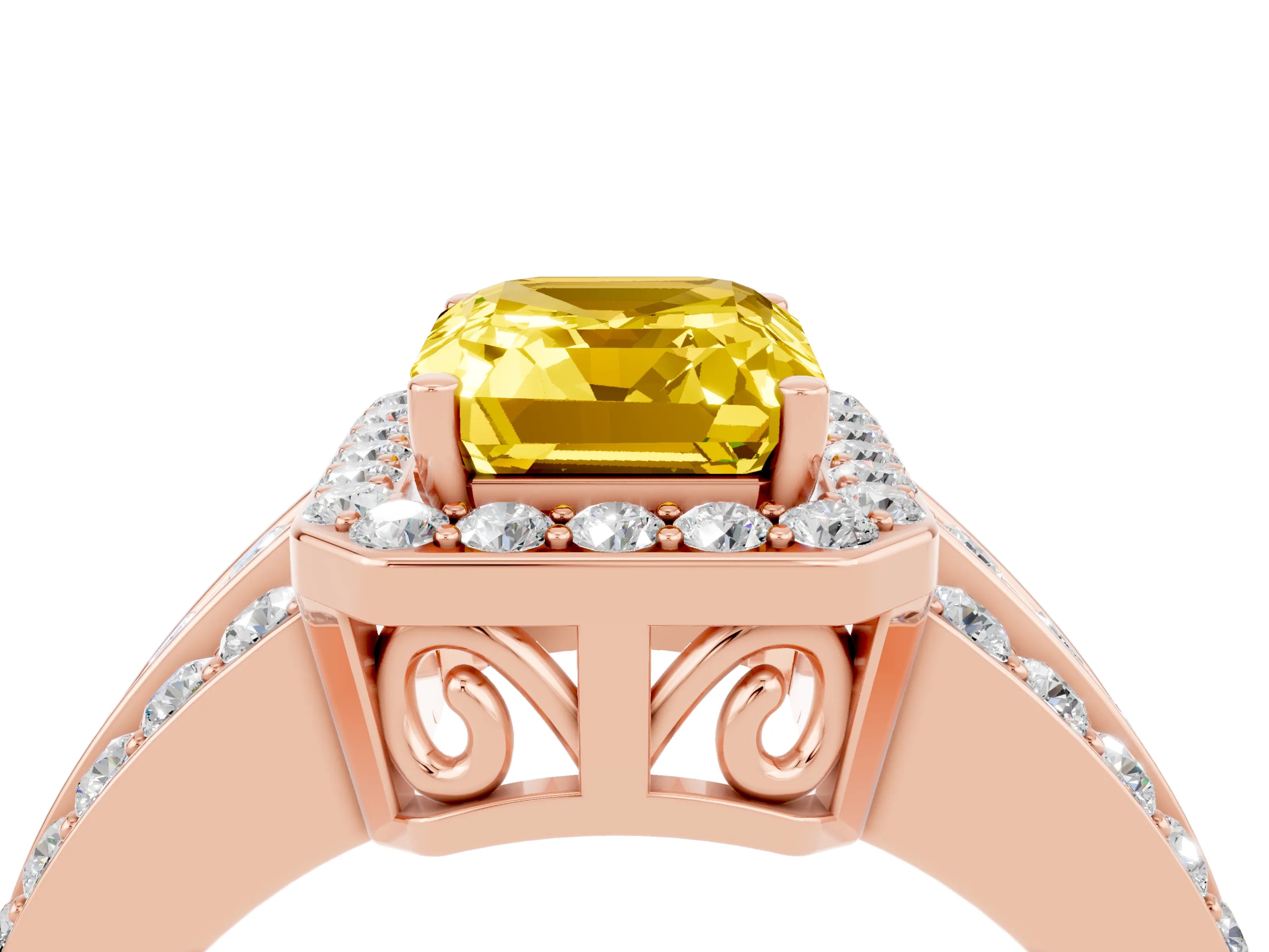Rose gold Emerald Cut Halo Yellow Sapphire Ring with Split Shank and Four-Prong Setting_28