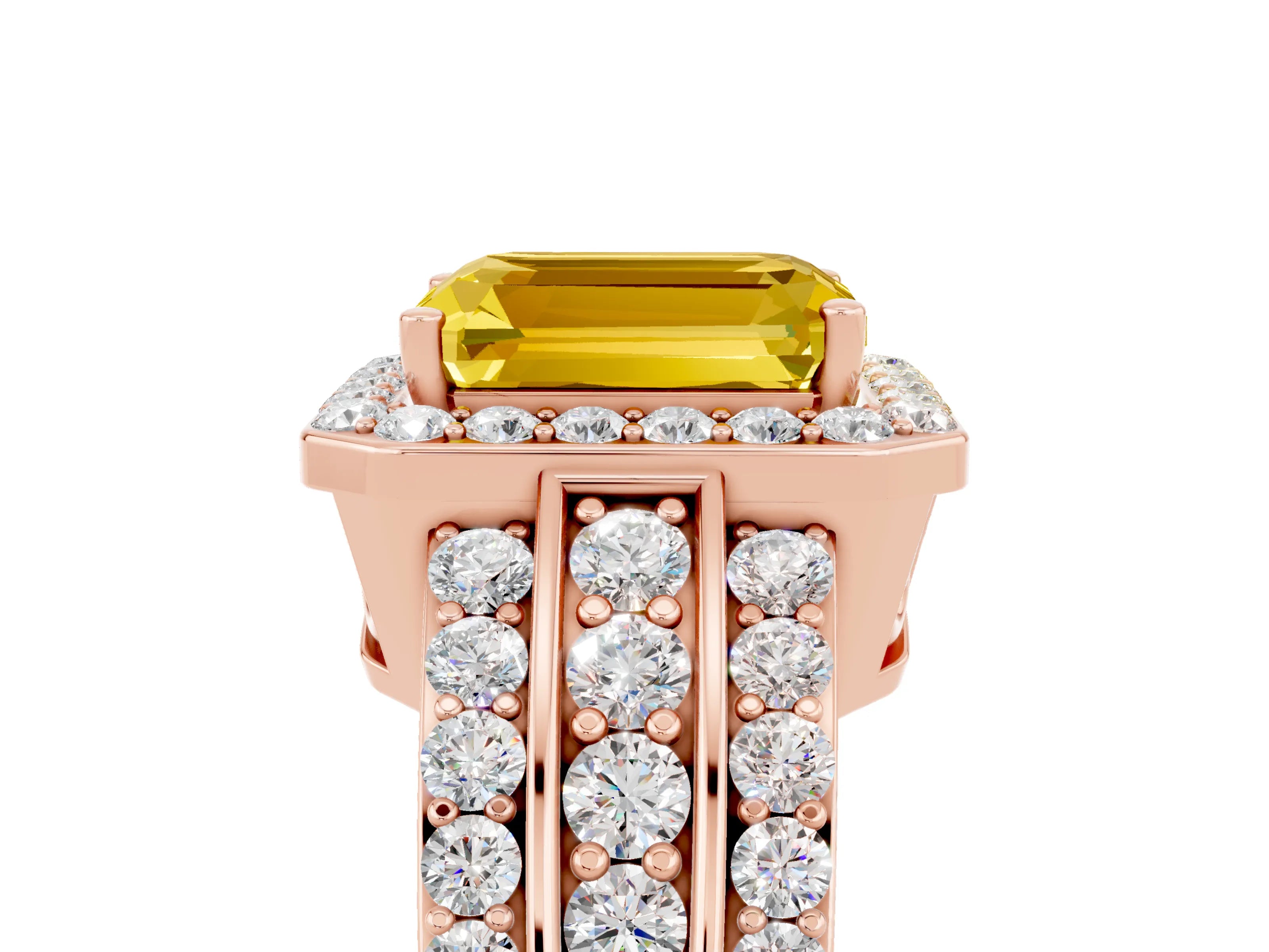 Rose gold Emerald Cut Halo Yellow Sapphire Ring with Split Shank and Four-Prong Setting_29