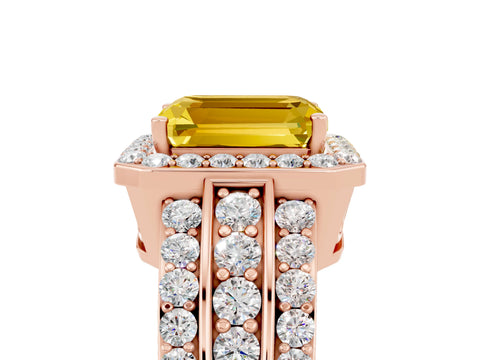Rose gold Emerald Cut Halo Yellow Sapphire Ring with Split Shank and Four-Prong Setting_29