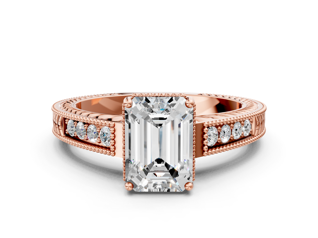 Rose gold Emerald Cut Milgrain Channel Set Engagement Ring with Solitaire Prong Setting_56