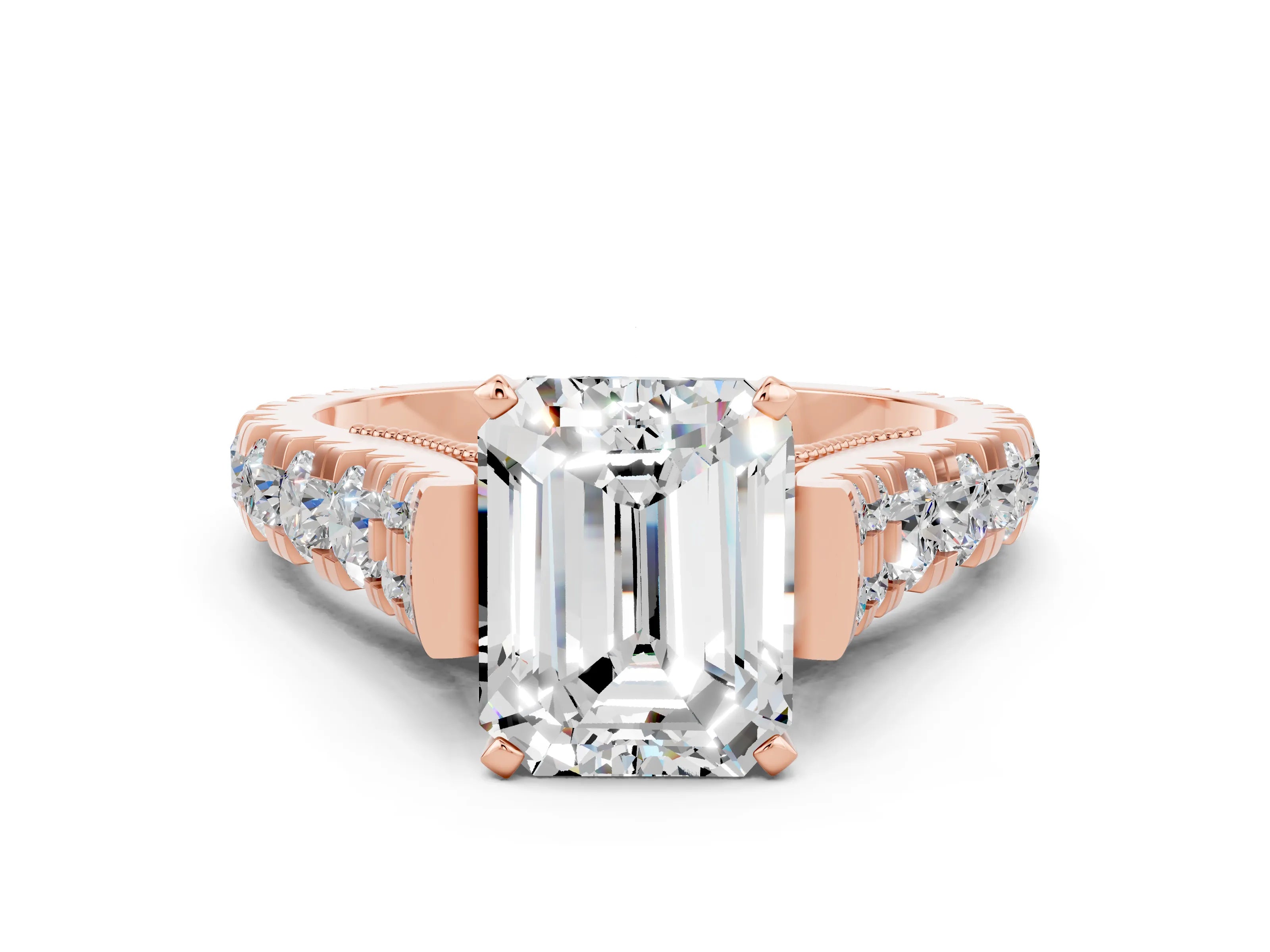 Rose gold Emerald Cut Moissanite Classic Solitaire Ring with Pavé Band and Four-Prong Setting