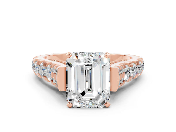 Rose gold Emerald Cut Moissanite Classic Solitaire Ring with Pavé Band and Four-Prong Setting