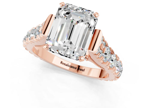 Rose gold Emerald Cut Moissanite Classic Solitaire Ring with Pavé Band and Four-Prong Setting_1
