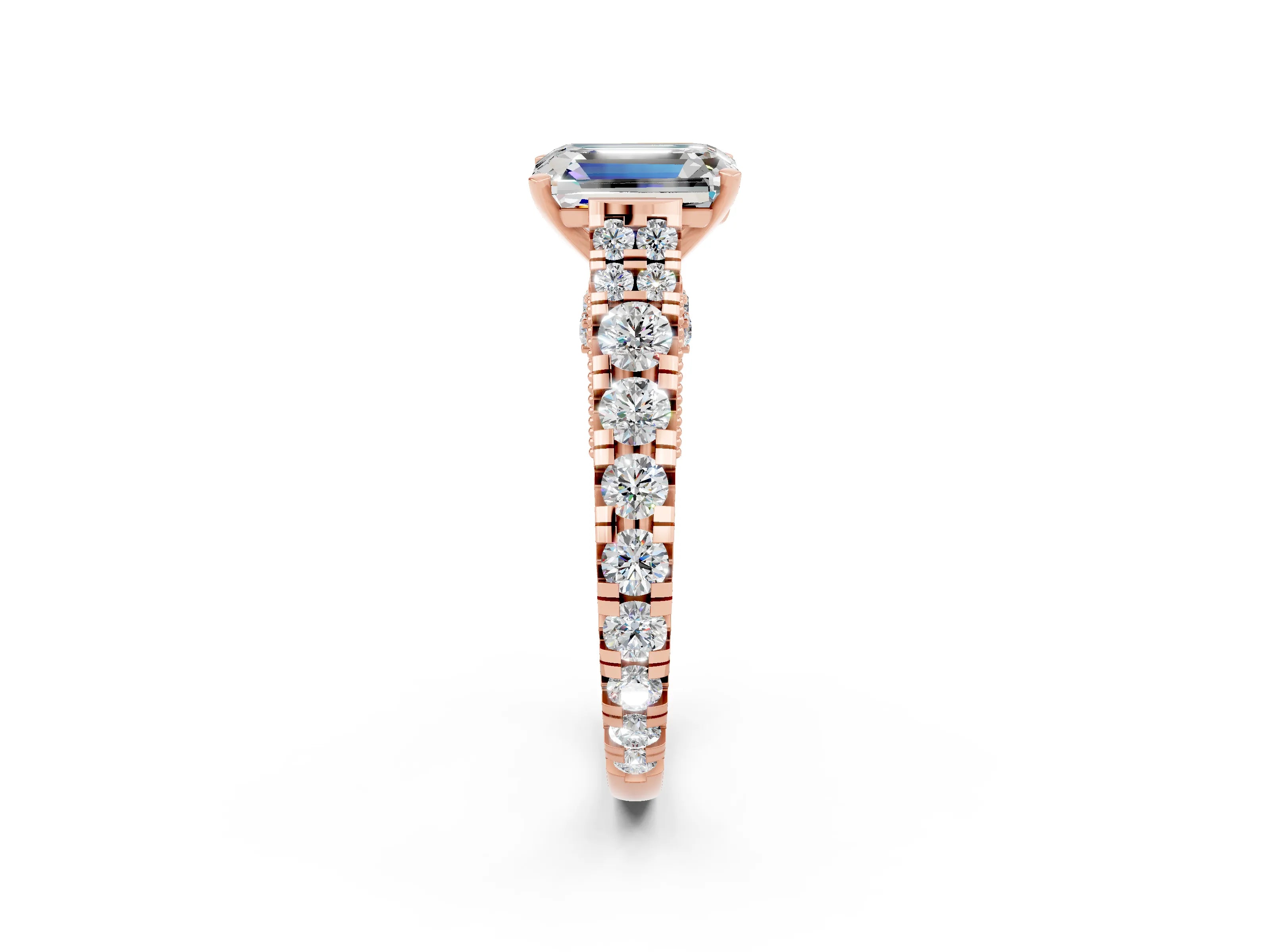 Rose gold Emerald Cut Moissanite Classic Solitaire Ring with Pavé Band and Four-Prong Setting_2