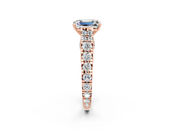 Rose gold Emerald Cut Moissanite Classic Solitaire Ring with Pavé Band and Four-Prong Setting