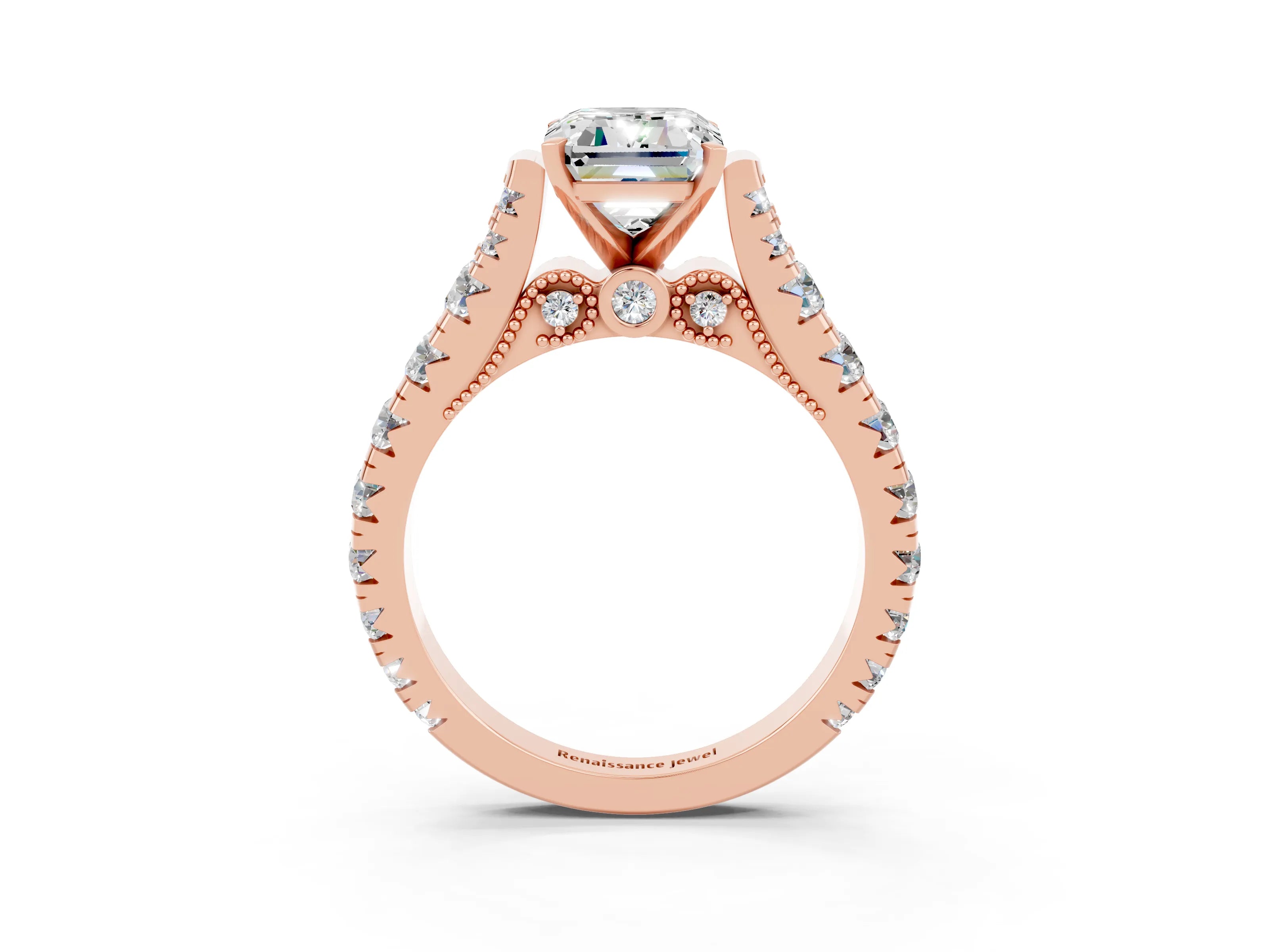 Rose gold Emerald Cut Moissanite Classic Solitaire Ring with Pavé Band and Four-Prong Setting_3