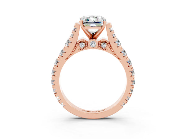 Rose gold Emerald Cut Moissanite Classic Solitaire Ring with Pavé Band and Four-Prong Setting