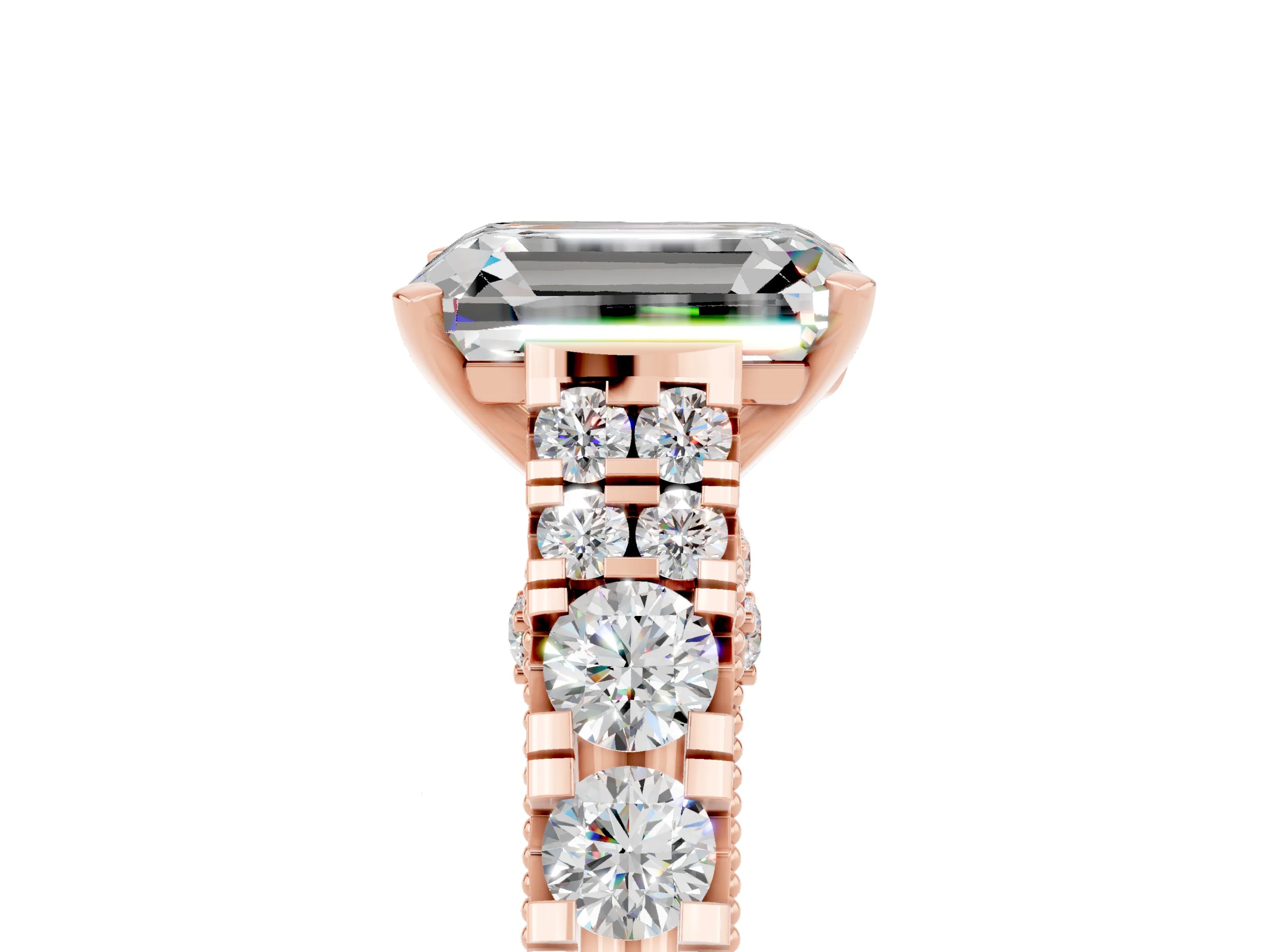 Rose gold Emerald Cut Moissanite Classic Solitaire Ring with Pavé Band and Four-Prong Setting_5