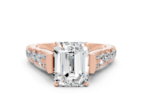 Rose gold Emerald Cut Moissanite Classic Solitaire Ring with Pavé Band and Four-Prong Setting