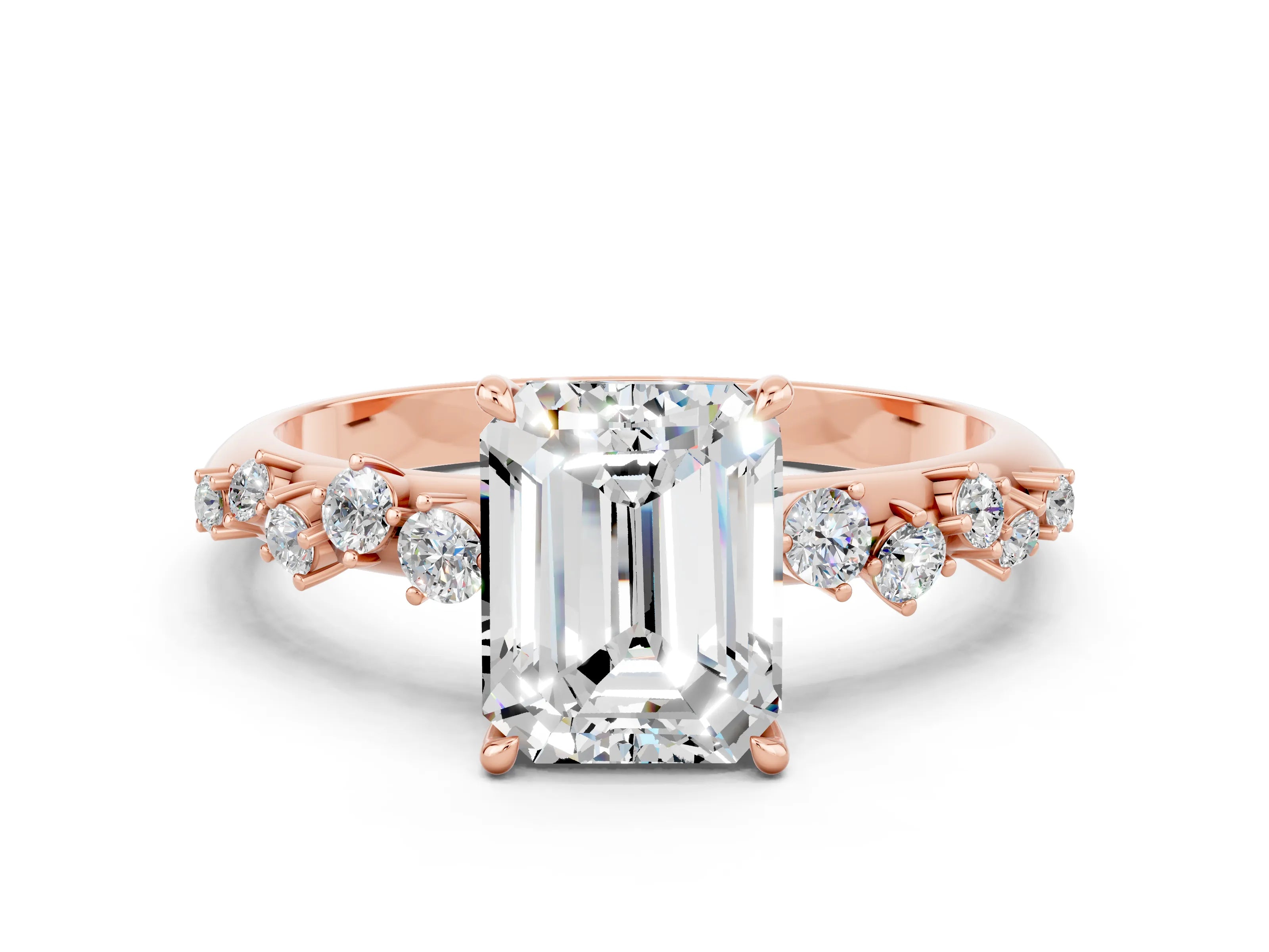 Rose gold Emerald Cut Moissanite Cluster Side Stone Solitaire Ring with Prong Setting_24