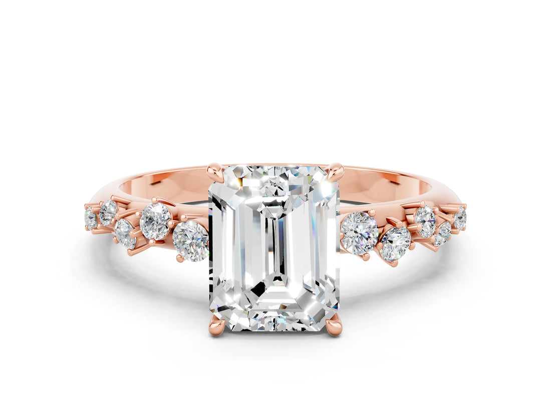 Rose gold Emerald Cut Moissanite Cluster Side Stone Solitaire Ring with Prong Setting_24
