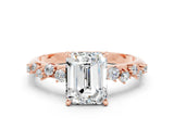 Rose gold Emerald Cut Moissanite Cluster Side Stone Solitaire Ring with Prong Setting_24