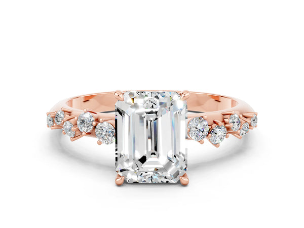 Rose gold Emerald Cut Moissanite Cluster Side Stone Solitaire Ring with Prong Setting