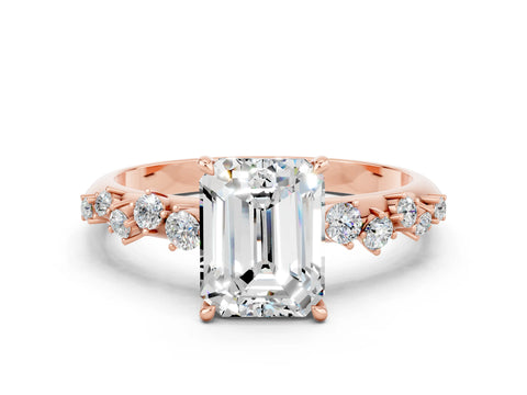 Rose gold Emerald Cut Moissanite Cluster Side Stone Solitaire Ring with Prong Setting_24