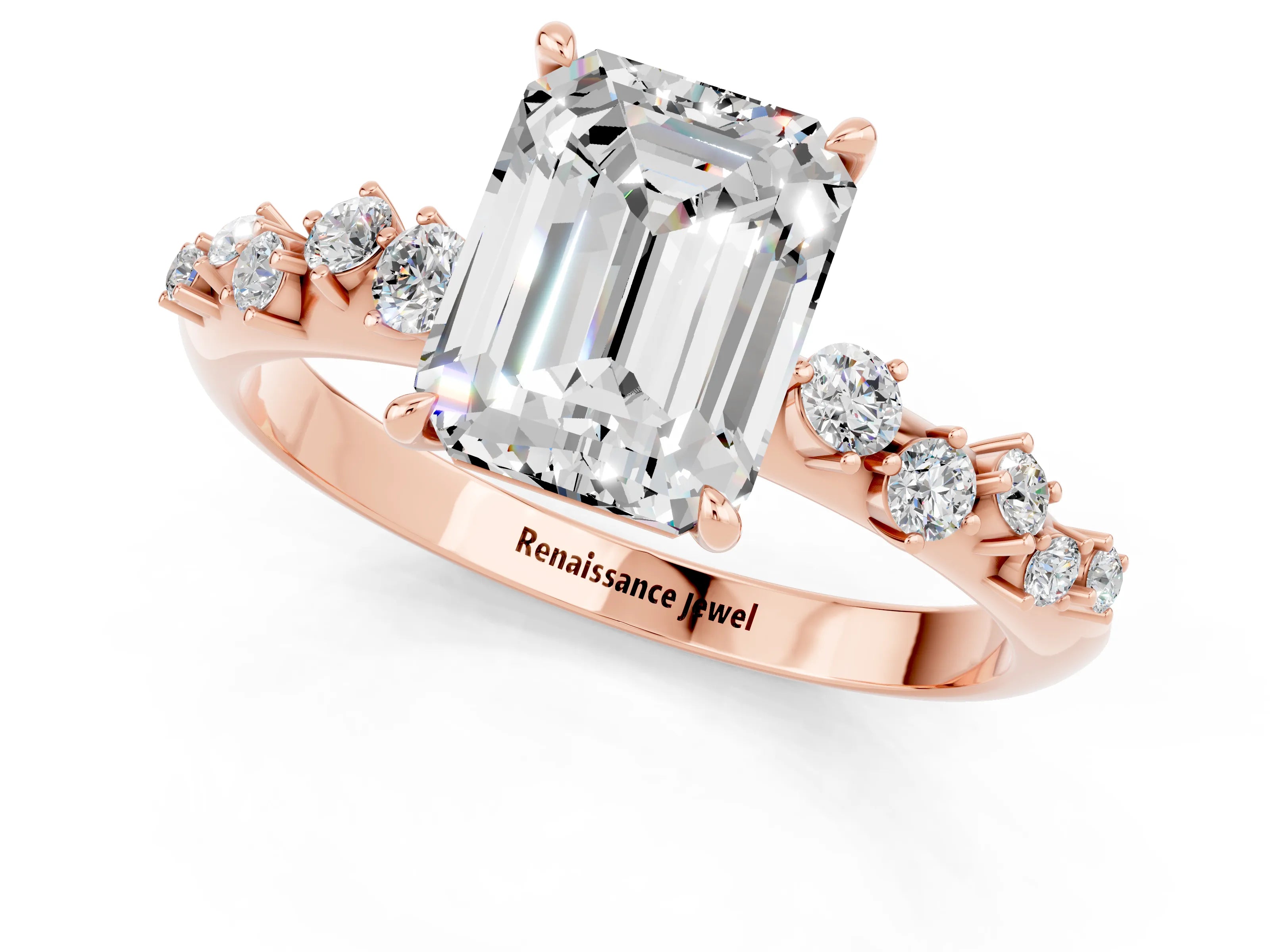 Rose gold Emerald Cut Moissanite Cluster Side Stone Solitaire Ring with Prong Setting_25