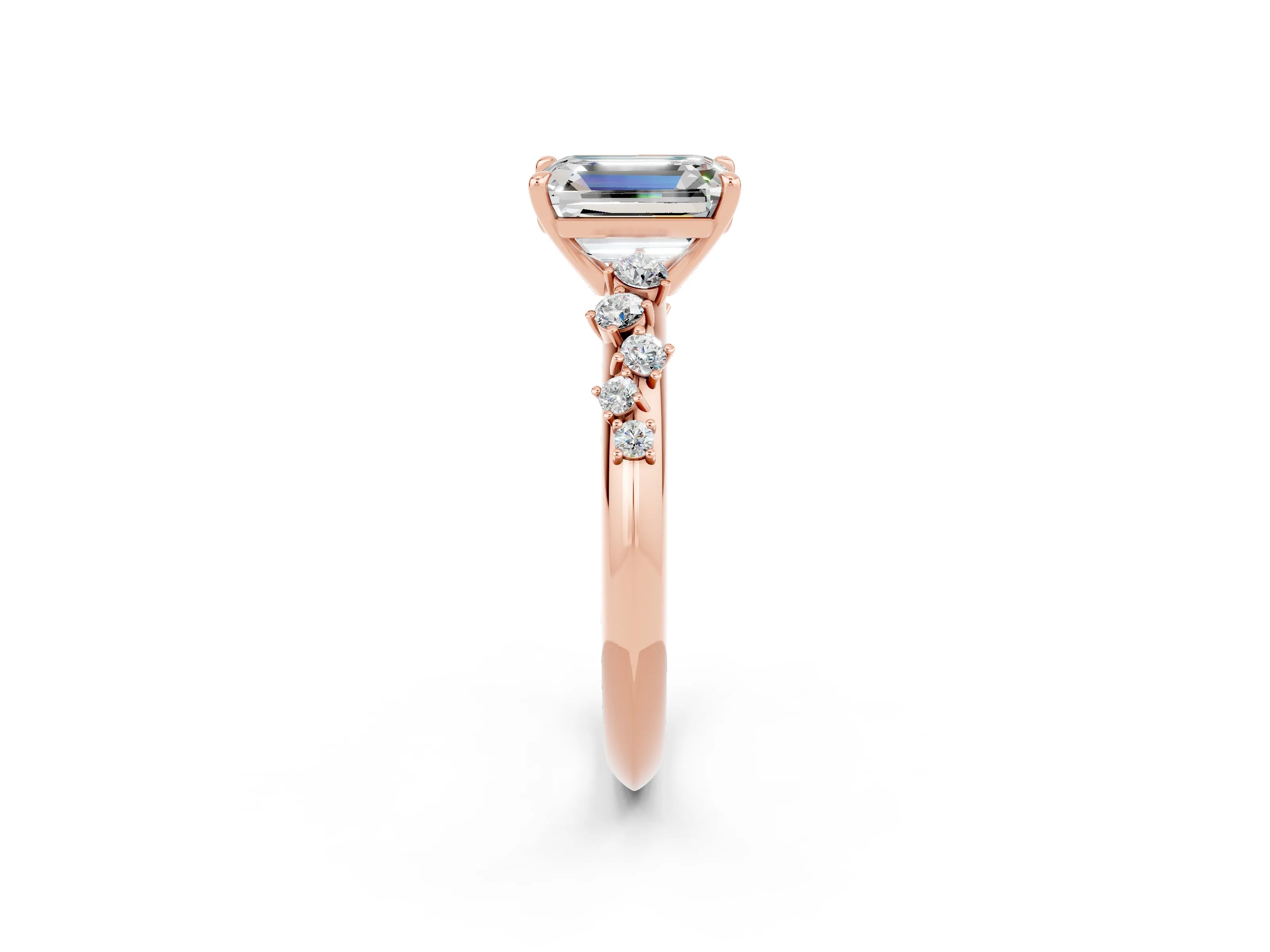Rose gold Emerald Cut Moissanite Cluster Side Stone Solitaire Ring with Prong Setting_26